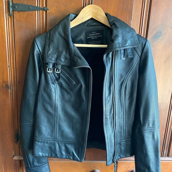 AllSaints black leather jacket. Fully lined, front zip, buckle and snap details. - Picture 2 of 11
